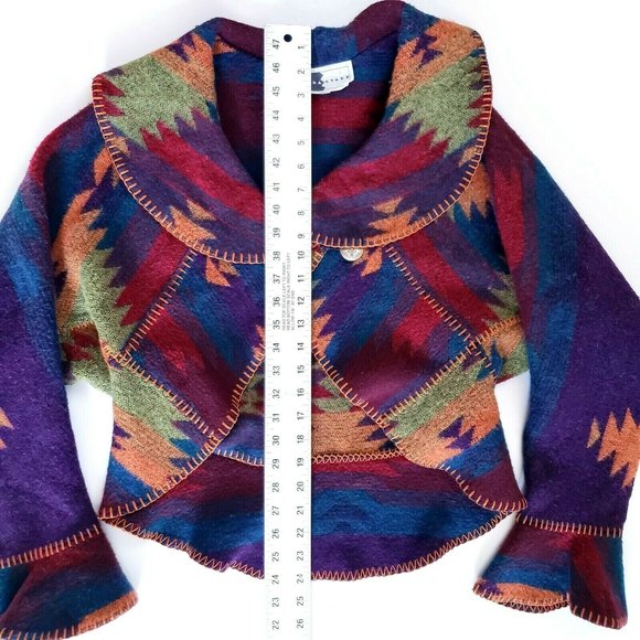 Rhonda Stark Womens Sz M Wool Blend Dolman Sleeve Aztec Print Cropped Cardigan - Picture 7 of 9